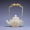 CHINESE CLOISONNE HANDLED WHITE JADE POEM TEA POT