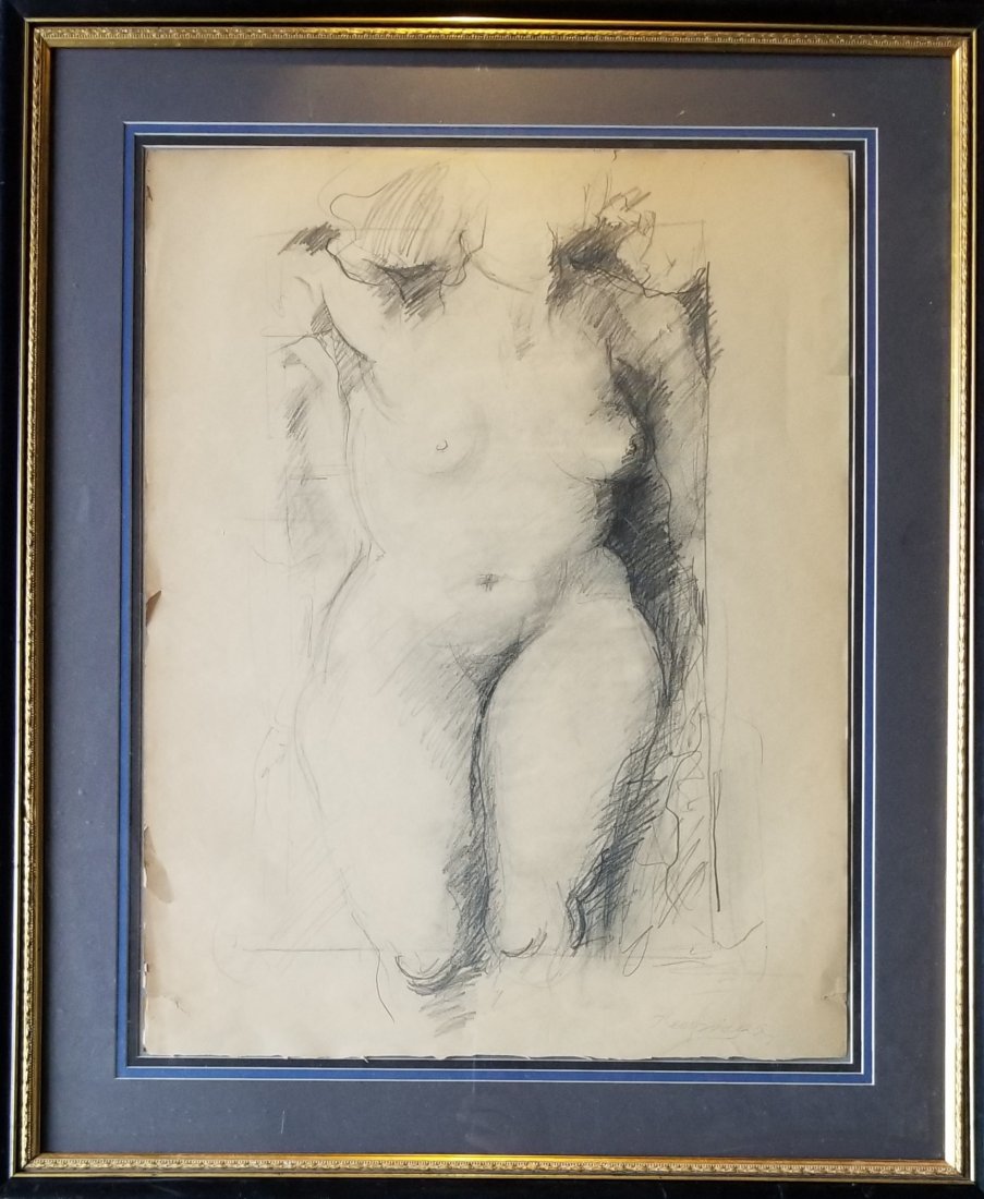 TAMARA DE LEMPICKA CHARCOAL DRAWING ON PAPER: TAMARA DE LEMPICKA CHARCOAL DRAWING ON PAPER. Charcoal on paper study for "Jacqueline" circa 1929. Signed Lempicka near lower margin. Paper size: 58.5 x 25.5cm. Dry stamped on verso.( certified art ap