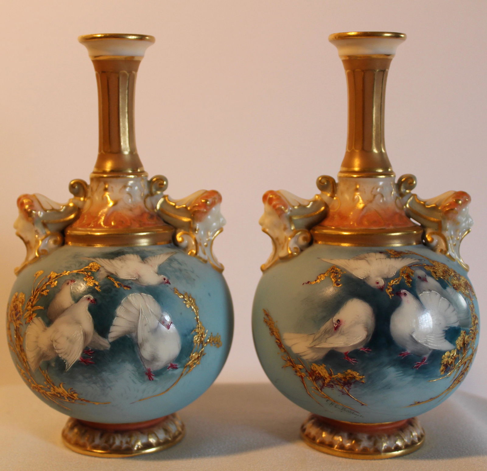 Royal Worcester Pair of Dove Vases by Charles Baldwyn (1 of 6)