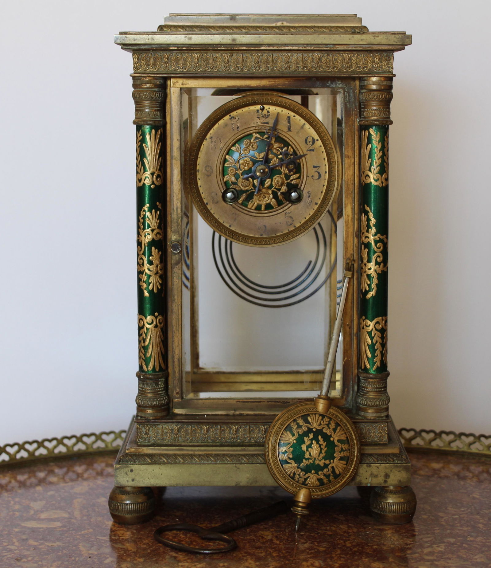 NAPOLEON III CHAMPLEVE & GLASS MANTLE CLOCK (1 of 4)