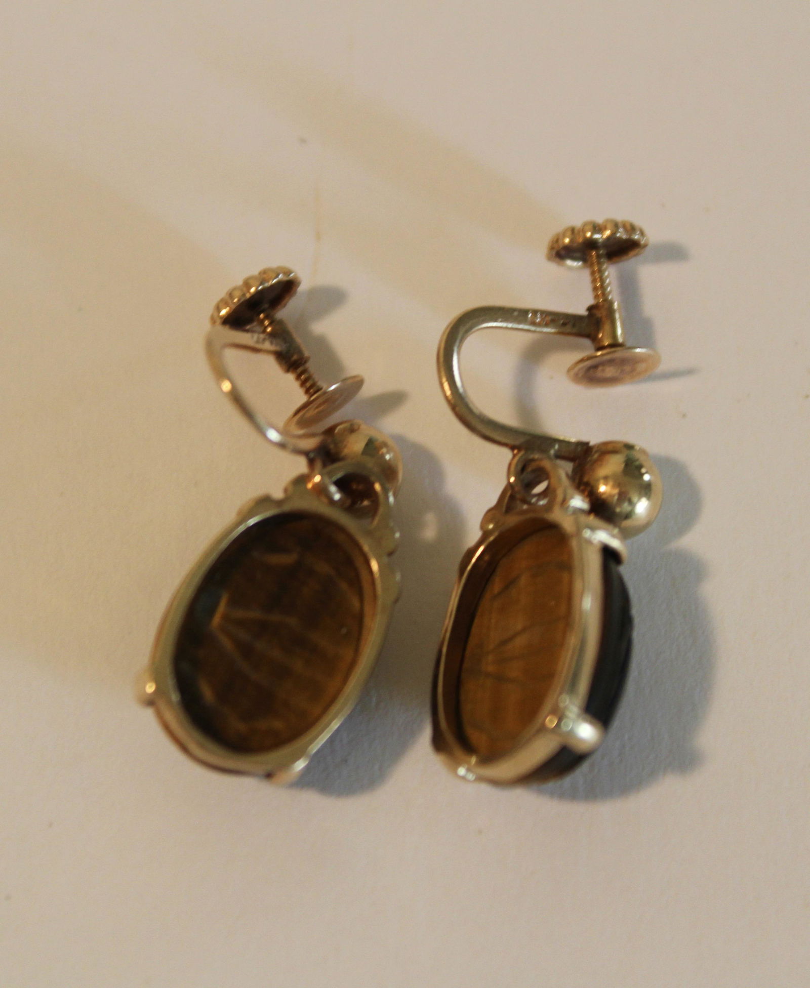14K TIGERS EYE SCARAB EARRINGS (1 of 2)