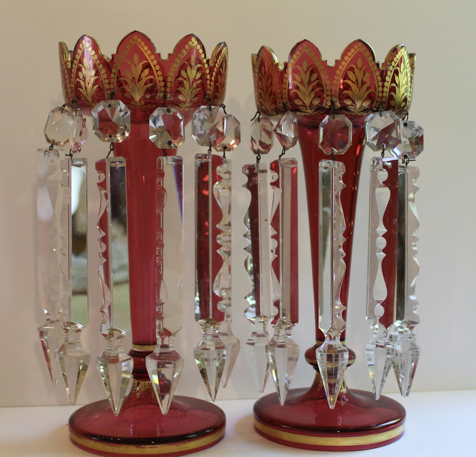 PAIR RED CRANBERRY GLASS LUSTER VASES (1 of 3)