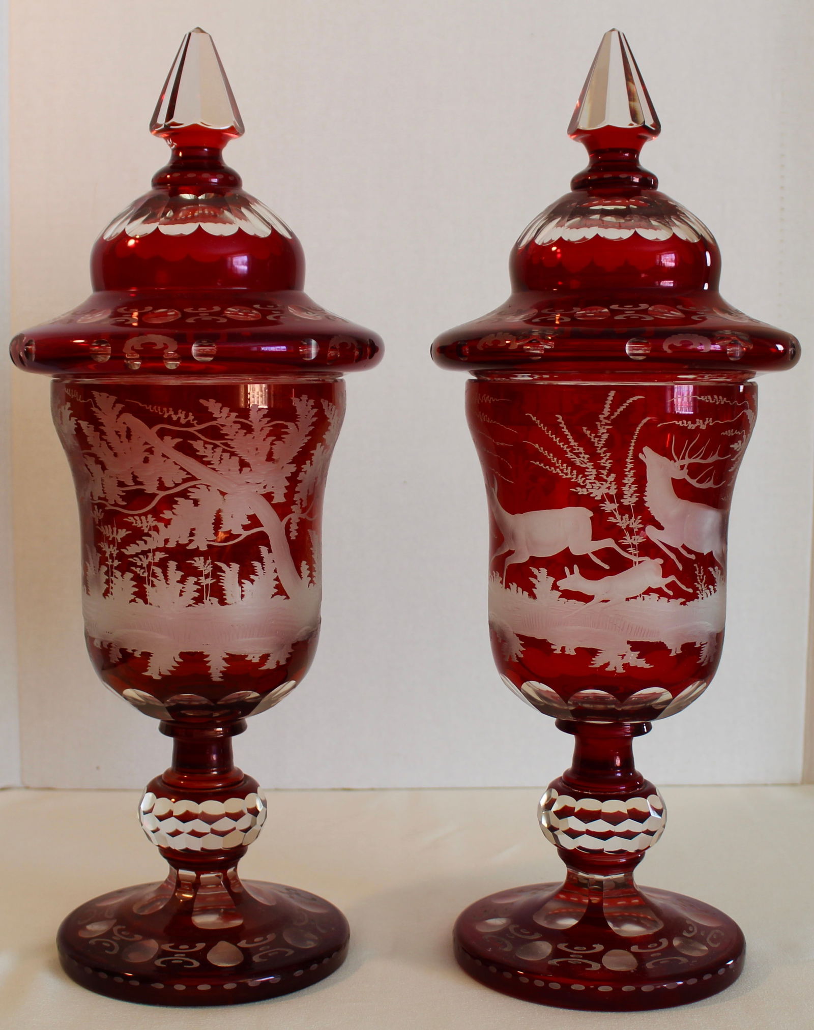 PAIR BOHEMIAN RUBY GLASS DEER ENGRAVED VASES (1 of 4)
