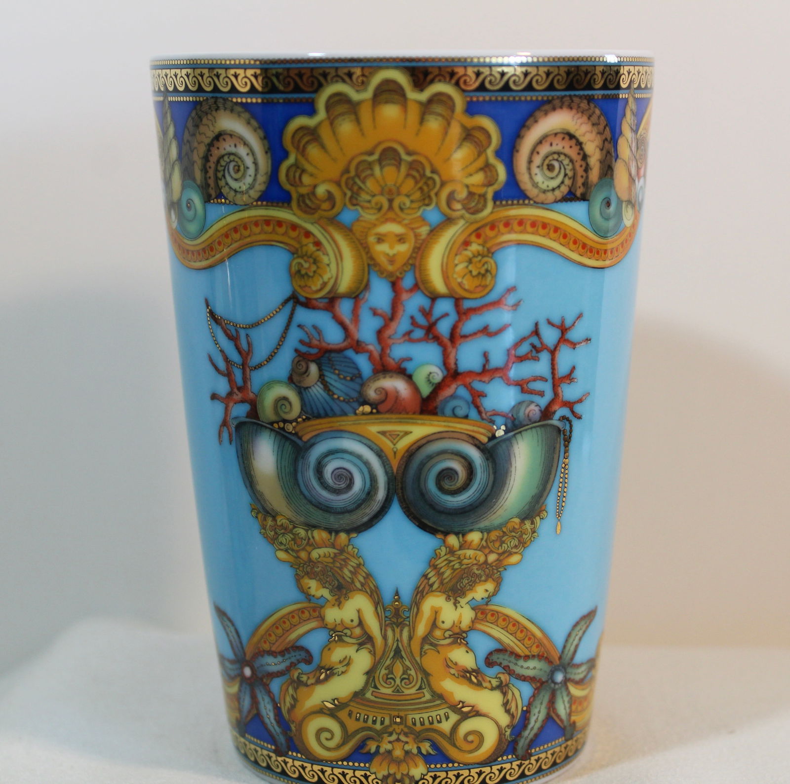 VERSACE TRESORS DE LA MER VASE: Versace Tresors De La Mer pattern vase or drinking glass. H 4.5