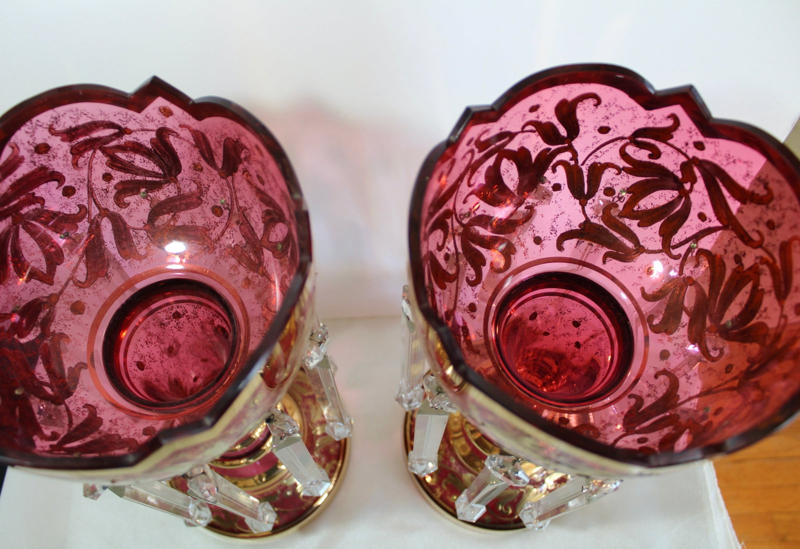 PAIR RED GLASS LUSTERS - 2