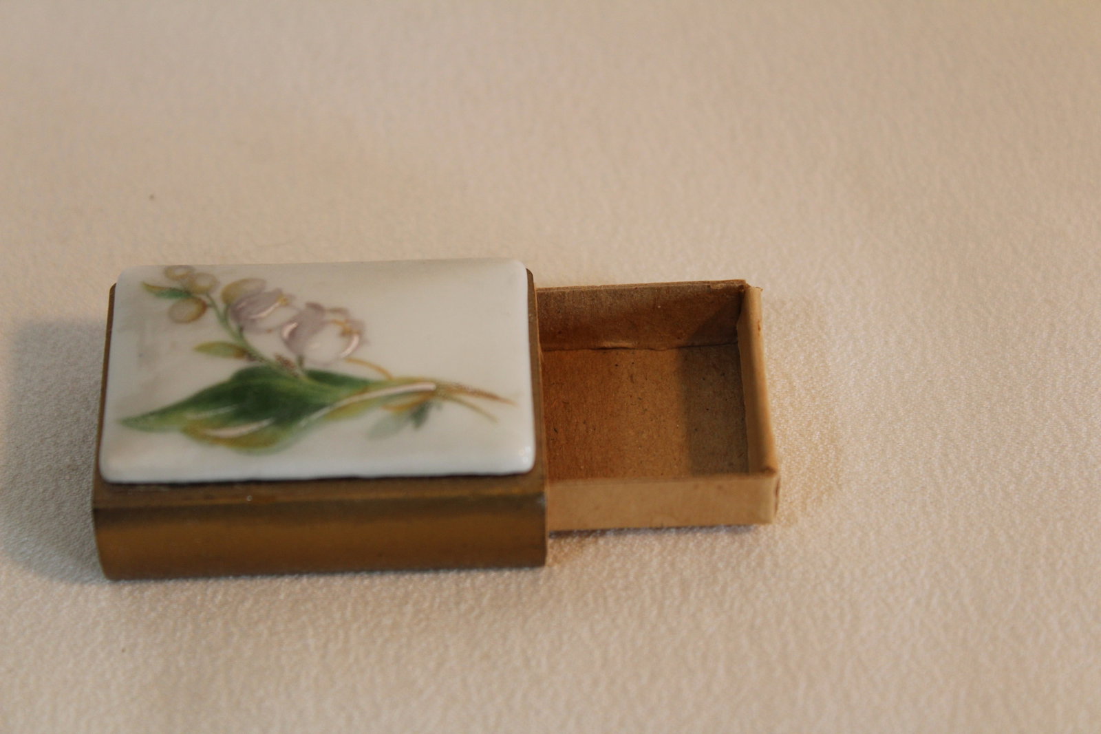 MATCH SAFE AND ENAMEL TRINKET BOX: Vintage trinket box.