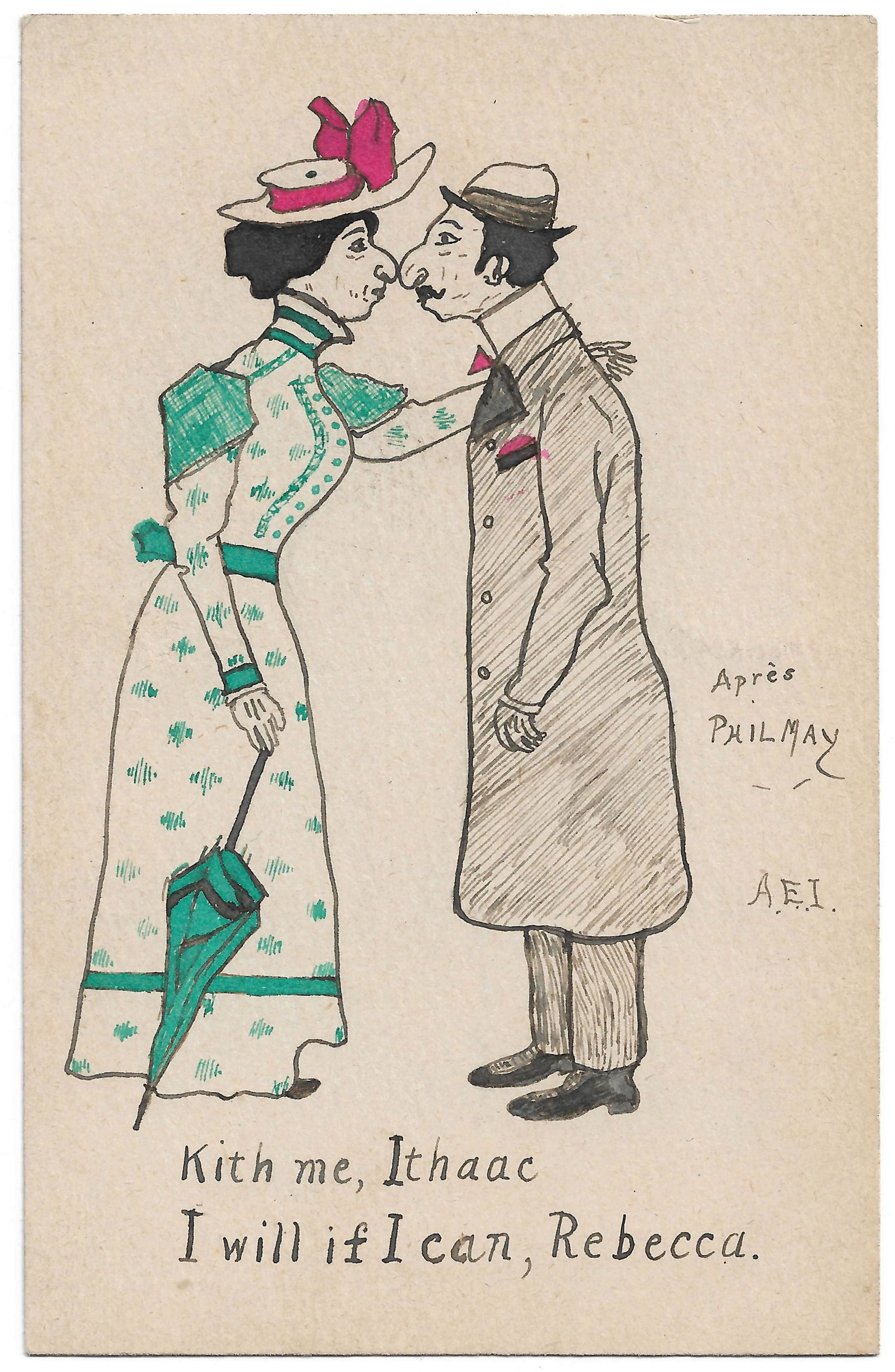 Kiss me, Isaac - Antisemitic Hand Drawn Postcard (1 of 2)