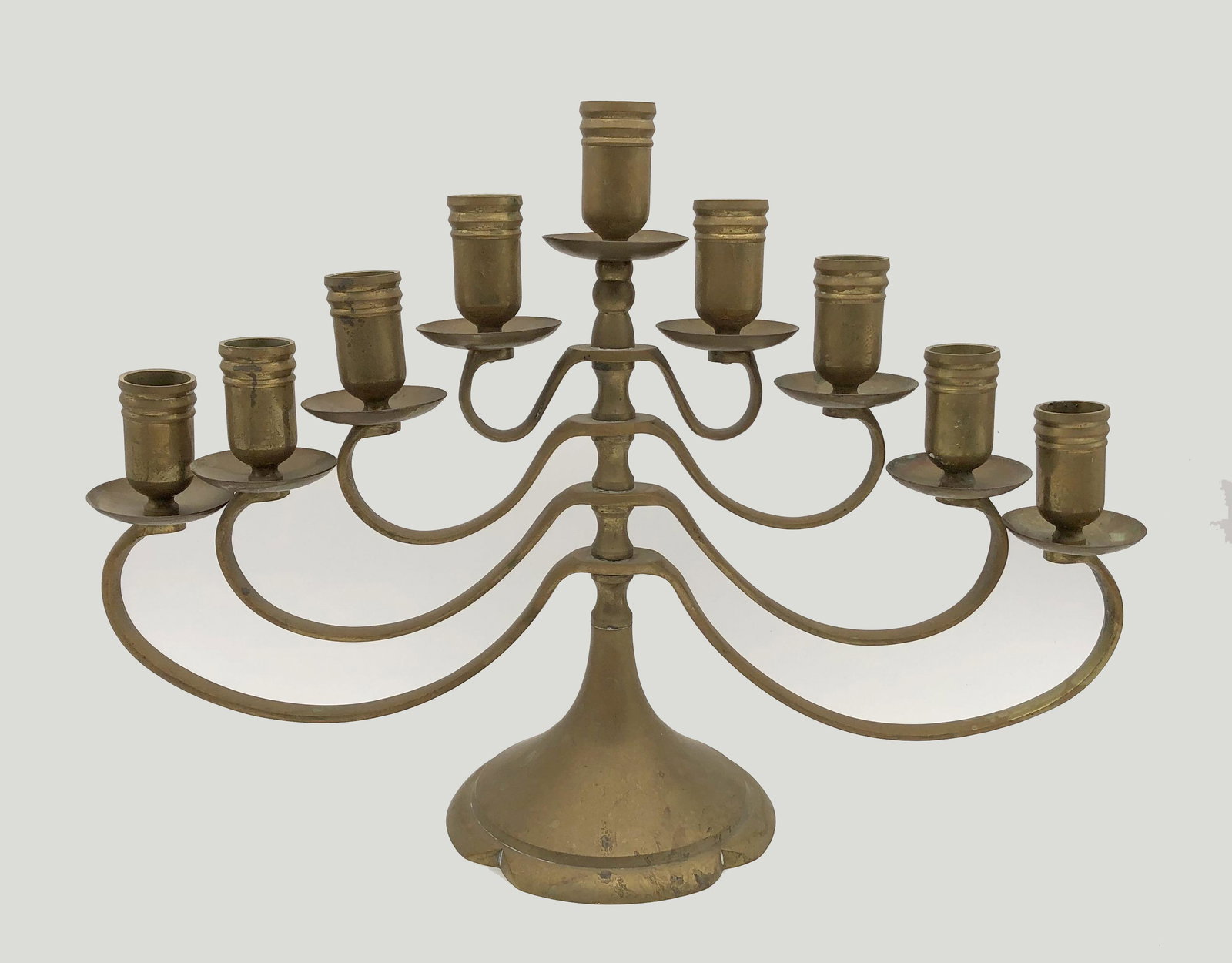 Large Art Nouveau Style Hanukkah Menorah: Hanukkah Menorah Jewish lamp, inspired by the Art Nouveau style. Japan, apparently circa the early or mid 20th century. Height: approximately 27 cm. Good condition, stains, wear.