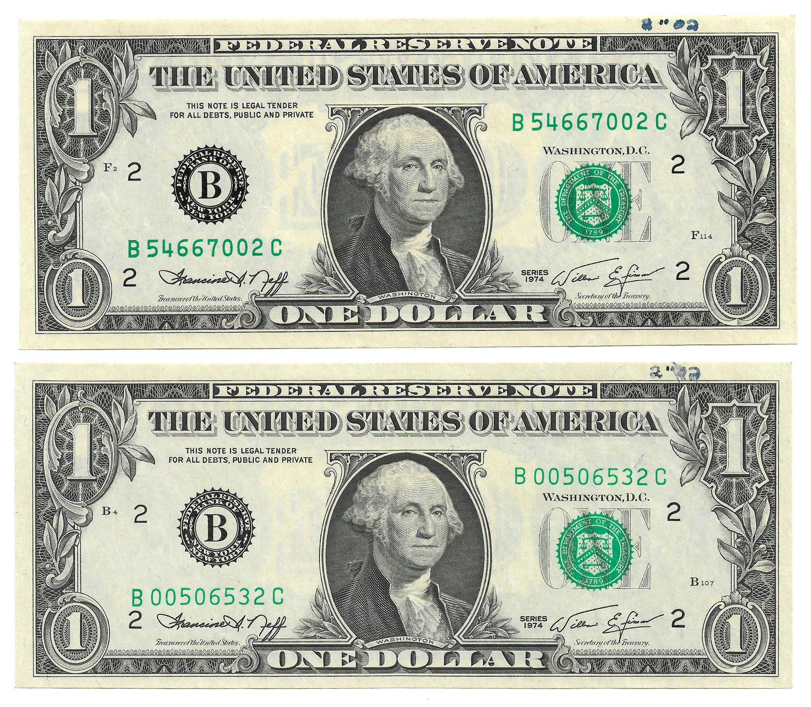 Two Dollar Bills Received by the Rebbe of Lubavitch: Two One dollar bills received by Rabbi Menachem Mendel Schneersohn of Lubavitch, the Rebbe of Chabad. Attached is a signed letter from the Rabbi's secretary, in which the bills were included. Also att