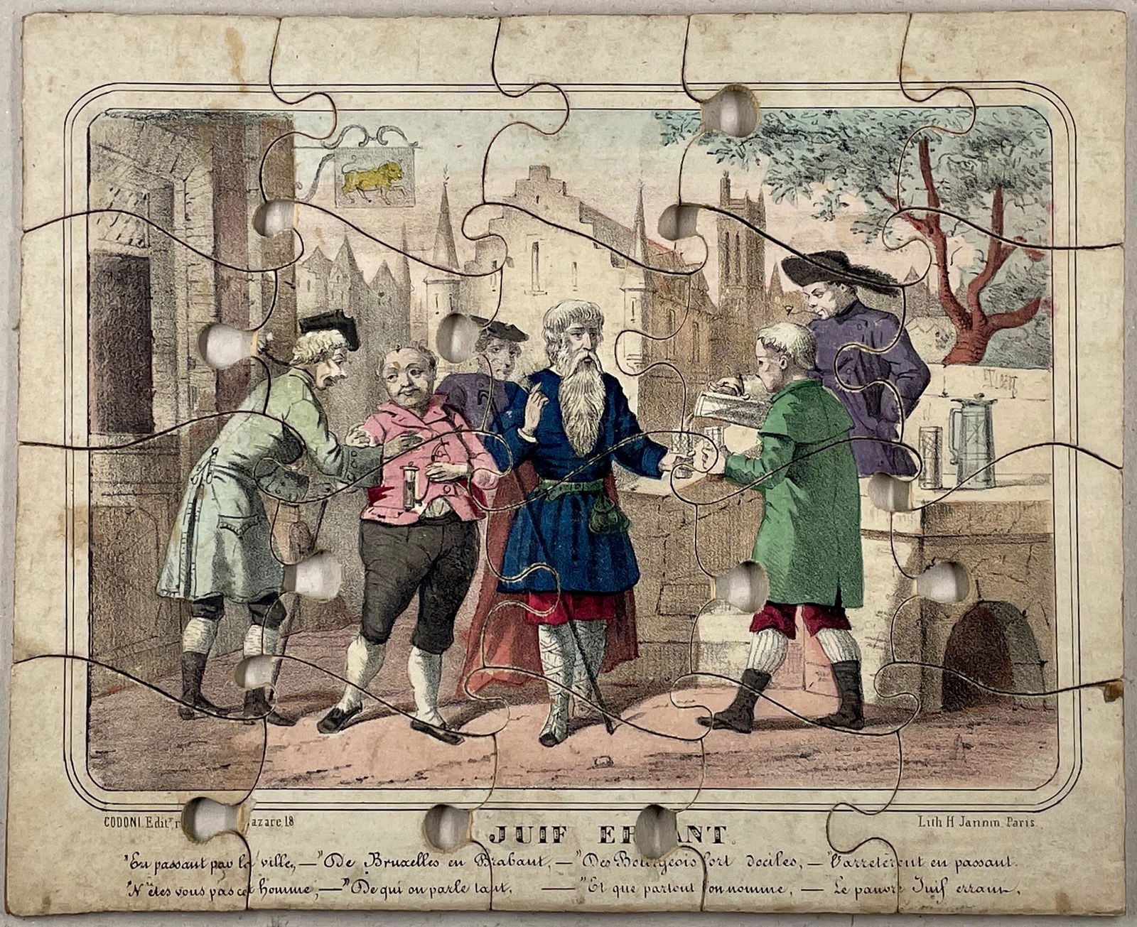 Puzzle of the Wandering Jew - 19th Century: Puzzle of the Wandering Jew. Apparently, hand painted lithograph. French. Published by Codoni, Paris. Lith. H. Jannin, Paris, France. Apparently, circa the mid 19th century. Approximately 25X21 cm. Av