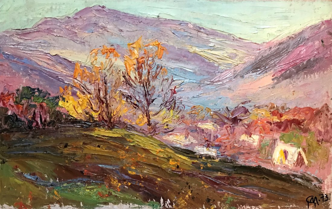 Dmitry Syrovatka "Impressionistic landscape" 1973: Ukrainian Dmitriy Syrovatka (1938 -2011) "Impressionistic landscape" 1973, 22,5x34,5 cm, oil on cardboard. Signed in cyrilic and dated. Purchased directly from the artist by the present owner.