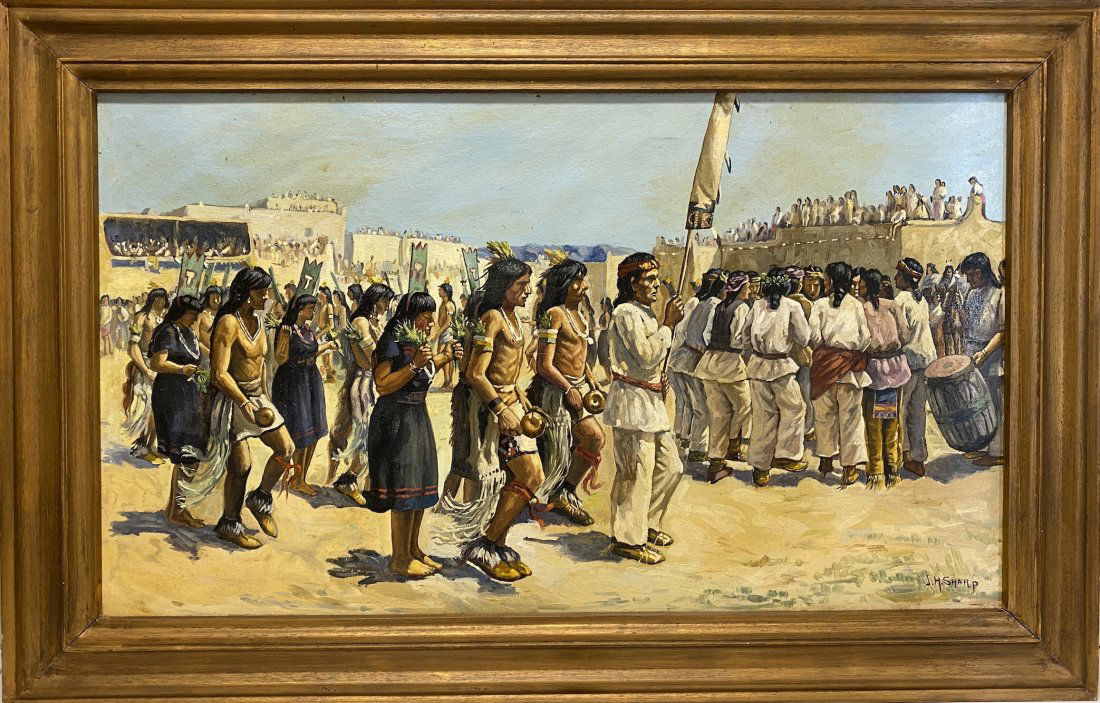Joseph Henry Sharp: Oil on canvas Joseph Henry Sharp signed/style. 29 x 45 (22 x38) In. Joseph Henry Sharp (September 27, 1859 Â– August 29, 1953) was an American painter and a founding member of the Taos Society of A