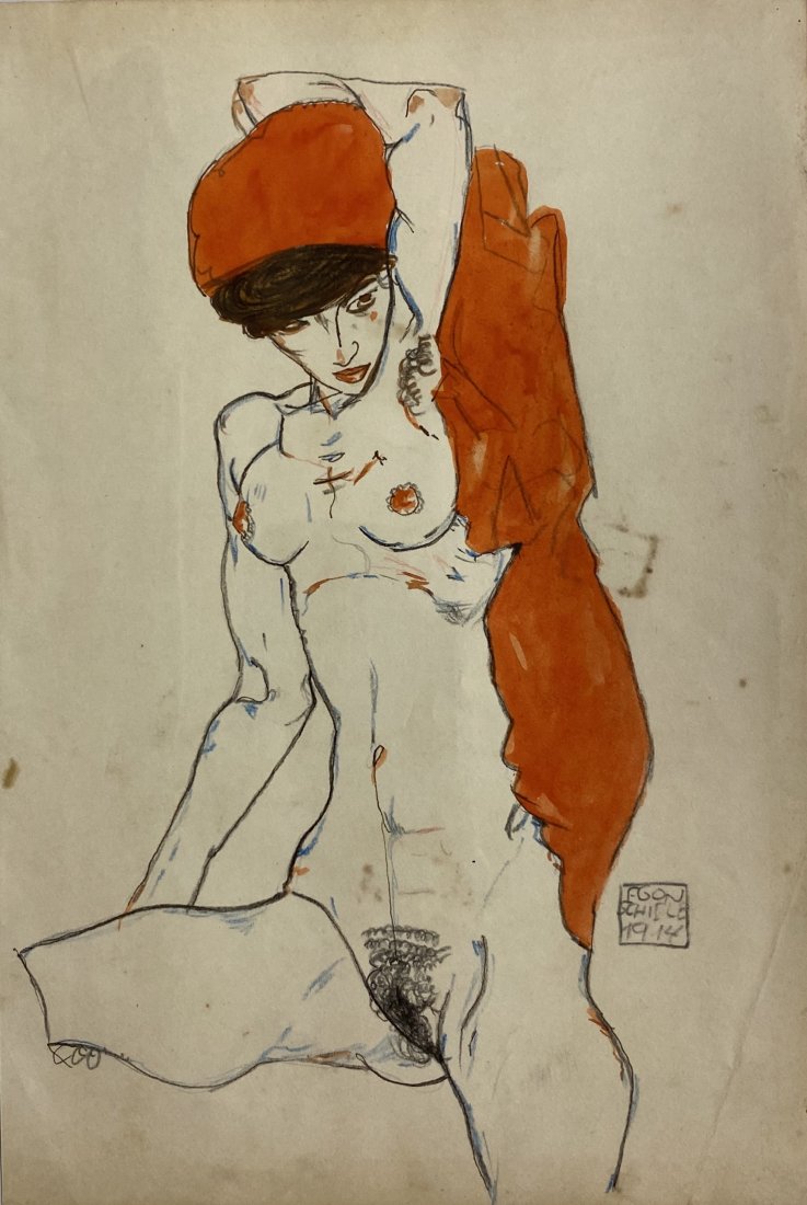 Egon Schiele signed: Drawing on paper. 9 1/2 x 6 1/2 in. Egon Schiele June 1890 – 31 October 1918) was an Austrian painter. A protégé of Gustav Klimt, Schiele was a major figurative painter of the early 20th century. 