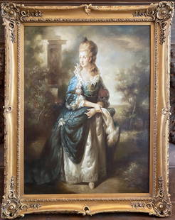 Massive Old Master Style Oil Painting: The painting portrays a young attractive woman dressed in a 18th century beautiful detailed light blue dress. 58 1/2 x 46 1/4 (47 x 35 1/2) in.