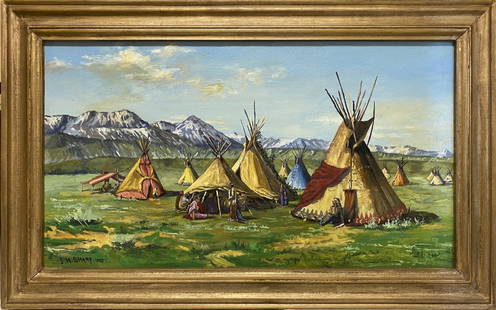 Joseph Henry Sharp (COA): Oil on canvas signed Henry Sharp. 29 x 46 (22 x39) In. Joseph Henry Sharp (September 27, 1859 Â– August 29, 1953) was an American painter and a founding member of the Taos Society of Artists, of