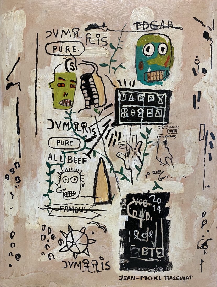 Jean-Michel Basquiat signed: Oil on board 13 x 17 in. Attributed or manner of the artist Jean-Michel Basquiat (December 22, 1960 Â– August 12, 1988) was an American artist of Haitian and Puerto Rican descent. Basquiat first ac