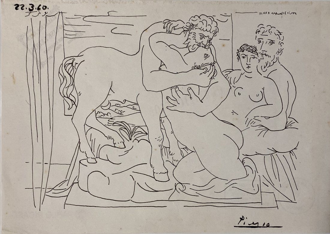 Pablo Picasso signed: Drawing on paper 10 1/2 x 7 1/2 in. Attributed or manner of Pablo Diego José Francisco de Paula Juan Nepomuceno María de los Remedios Cipriano de la Santísima Trinidad Ruiz y Picasso[a] (25 October