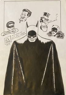 Bob Kane signed: Drawing on paper 11 x 8 in. Attributed or manner of the artist Robert Kane (born Robert Kahn October 24, 1915 – November 3, 1998) was an American comic book writer, animator and artist who