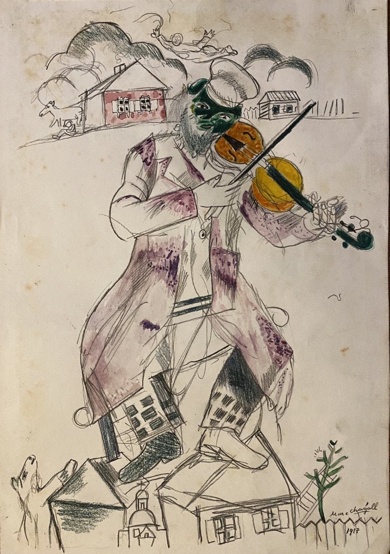 Marc Chagall: Drawing mix media on paper 12 x 8 1/2 in. Attributed or manner of the artist Marc Chagall (born Moishe Shagal; 6 July [O.S. 24 June] 1887 – 28 March 1985) was a Russian-French artist of Belarusian J