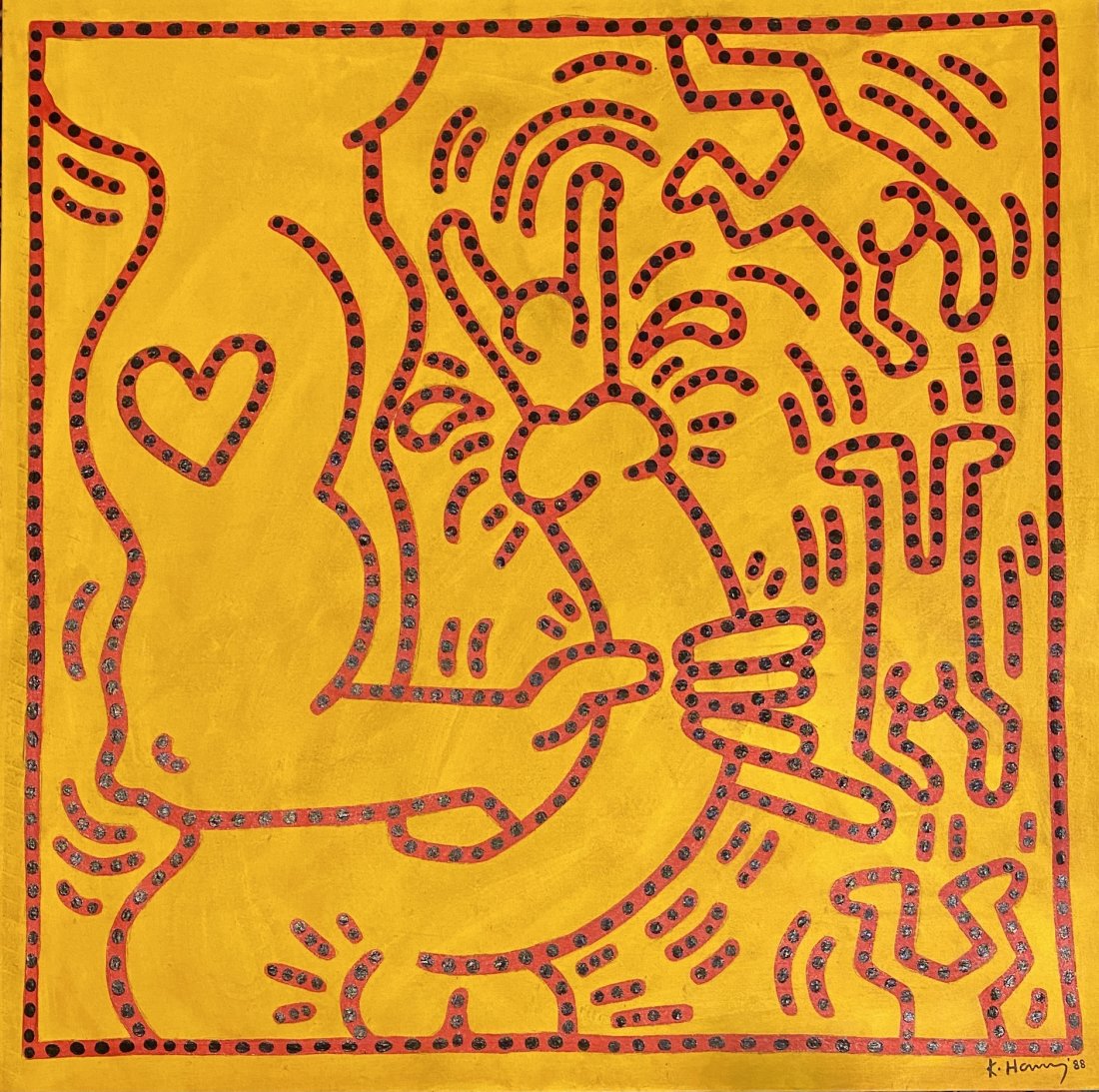 Keith Haring signed: Oil on canvas 35 x 35 in. Attributed or manner of the artist Keith Allen Haring (May 4, 1958 – February 16, 1990) was an American artist whose pop art and graffiti-like work grew out of the New York