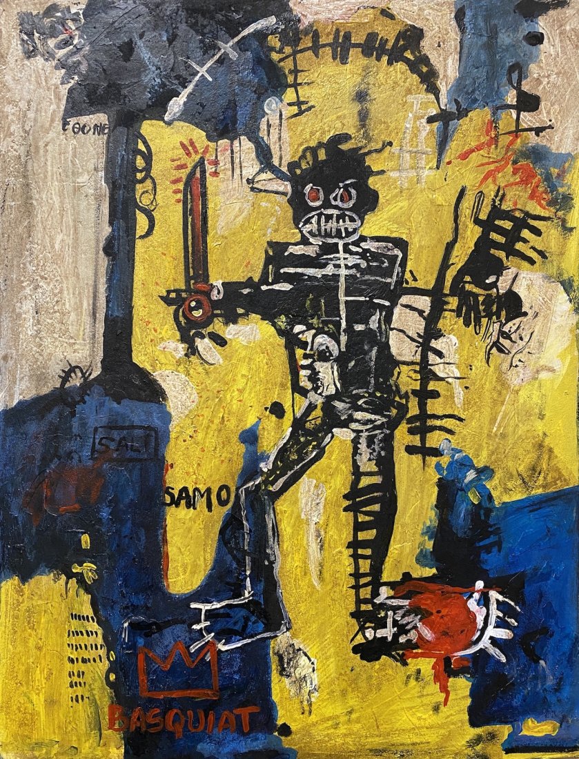 Jean-Michel Basquiat signed: Oil on board 17 3/4 x 13 1/2 in. Attributed or manner of the artist Jean-Michel Basquiat (December 22, 1960 Â– August 12, 1988) was an American artist of Haitian and Puerto Rican descent. Basquiat 