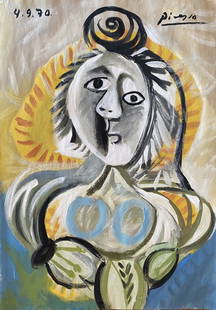 Pablo Picasso: Gouache on paper 11 1/2 x8 in. Attributed or manner of Pablo Picasso(25 October 1881 Â– 8 April 1973) was a Spanish painter, sculptor, printmaker, ceramicist and theatre designer who spent most of