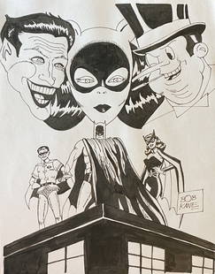 Bob Kane signed: Drawing on paper 12 x 9 in. Attributed or manner of the artist Robert Kane (born Robert Kahn October 24, 1915 – November 3, 1998) was an American comic book writer, animator and artist who