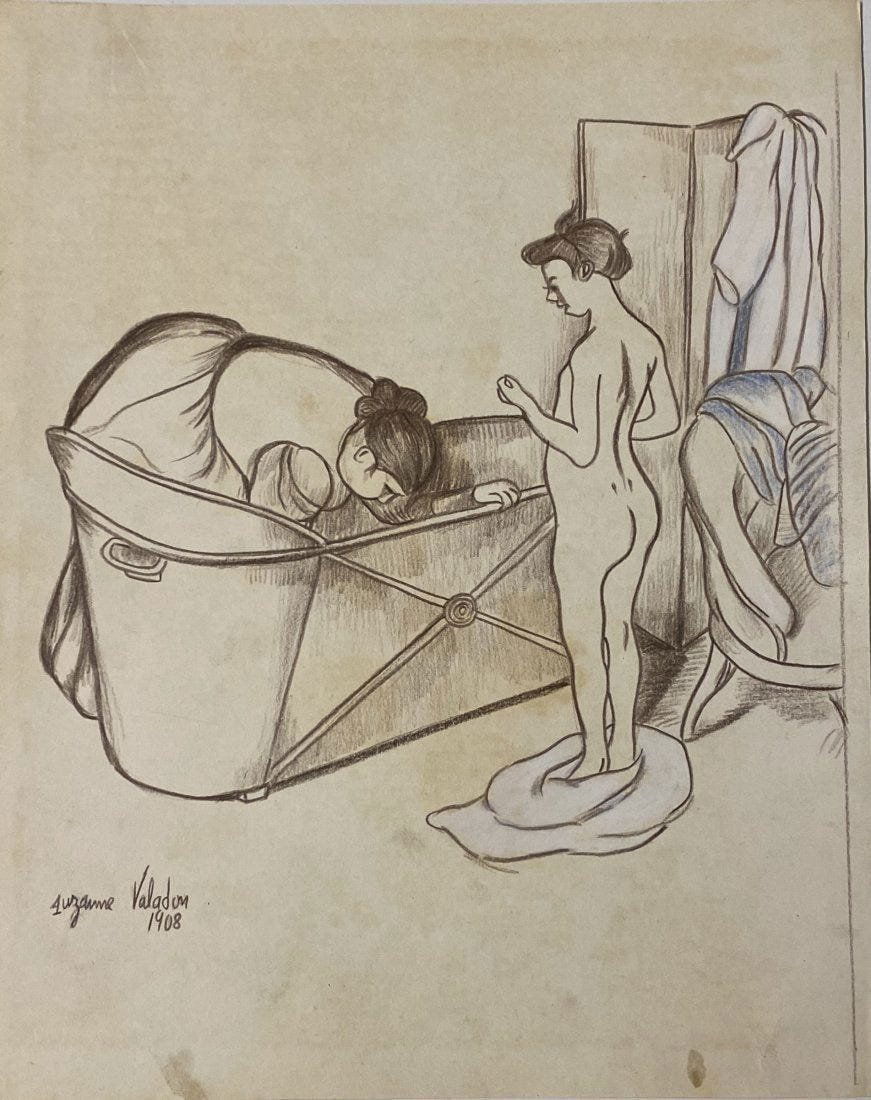 Suzanne Valadon: Drawing on paper, 10 1/2 x 8 1/2 in. Attributed or manner of Suzanne Valadon (23 September 1865 – 7 April 1938) was a French painter and artists' model who was born Marie-Clémentine Valadon at Bess