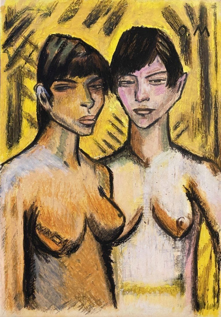 Otto Mueller: Painting on paper 10 x 7 in. Attributed or manner of the artist Otto Müller (16 October 1874 – 24 September 1930) was a German painter and printmaker of the Die Brücke expressionist movement.Muell