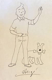 Hergé (manner of): Drawing on paper. 11 x 7 in. manner of the artist Georges Prosper Remi (22 May 1907 Â– 3 March 1983), known by the pen name Herge was a Belgian cartoonist. He is best known for creating The