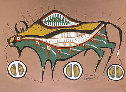 Norval Morrisseau (manner of): Mix media drawing on Paper, 12 1/2 x 9 in. manner of Norval Morrisseau, CM (March 14, 1932 Â– December 4, 2007),also known as Copper Thunderbird, was an Indigenous Canadian artist from the Bingwi