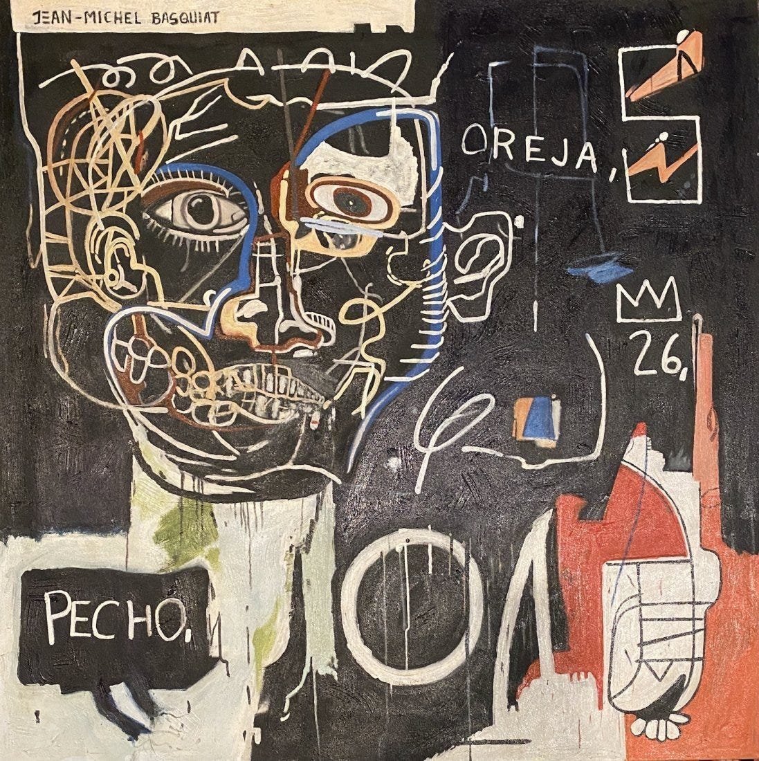 Jean-Michel Basquiat (manner of): Oil on canvas 35 x 35 in, manner of the artist Jean-Michel Basquiat (December 22, 1960 Â– August 12, 1988) was an American artist of Haitian and Puerto Rican descent. Basquiat first achieved fame a