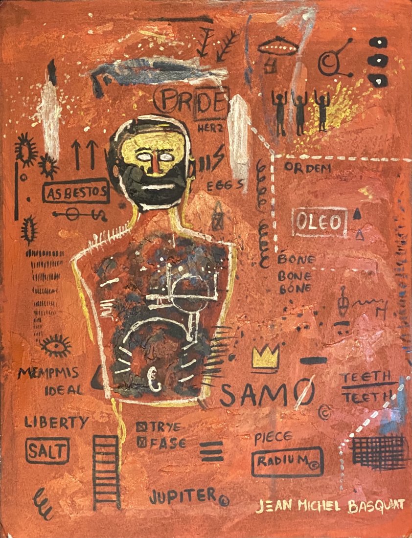Jean-Michel Basquiat (manner of): Oil on board 17 1/2 x 13 1/2 in. manner of the artist Jean-Michel Basquiat (December 22, 1960 Â– August 12, 1988) was an American artist of Haitian and Puerto Rican descent. Basquiat first achieved