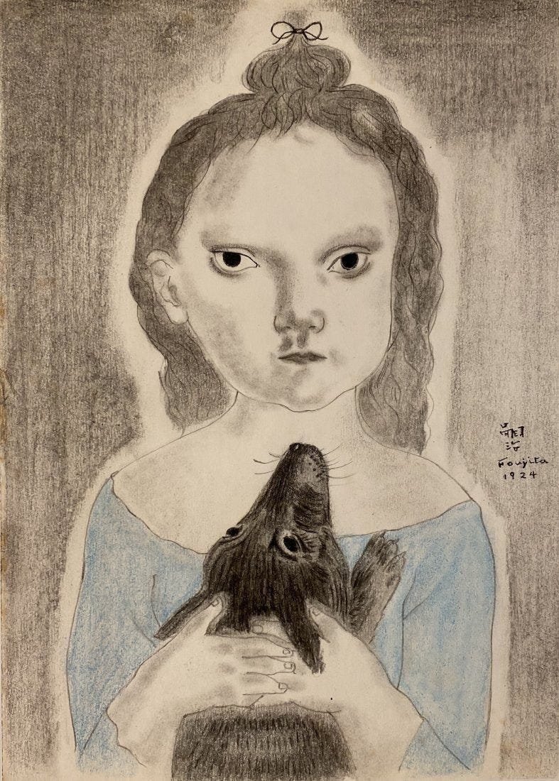 Tsuguharu Foujita: Drawing on Paper. 10 1/2 x 7 1/2 in, manner of Léonard Tsuguharu Foujita (è—¤ç”° å—£æ²», Fujita Tsuguharu, November 27, 1886 – January 29, 1968) was a Japanese–French painter and p