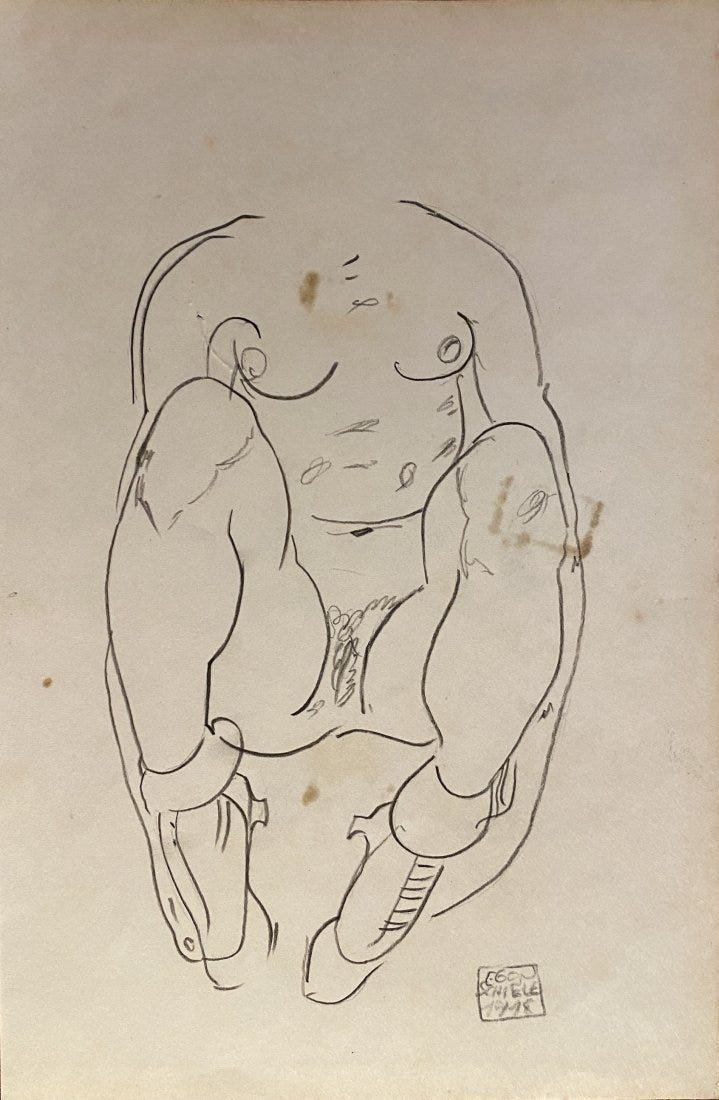 Egon Schiele: Drawing on paper. 9 1/2 x 6 in, manner of the artist Egon Schiele (About this 12 June 1890 Â– 31 October 1918) was an Austrian painter. Gustav Klimt, Schiele was a major figurative painter of the e