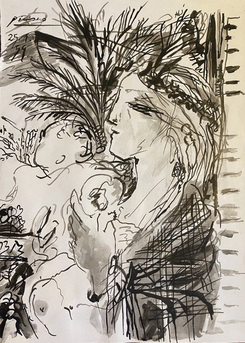 Pablo Picasso (manner of): Mix media on paper 11x8 in, manner of Pablo Diego José Francisco de Paula Juan Nepomuceno María de los Remedios Cipriano de la Santísima Trinidad Ruiz y Picasso (25 October 1881 – 8 April 1973) w