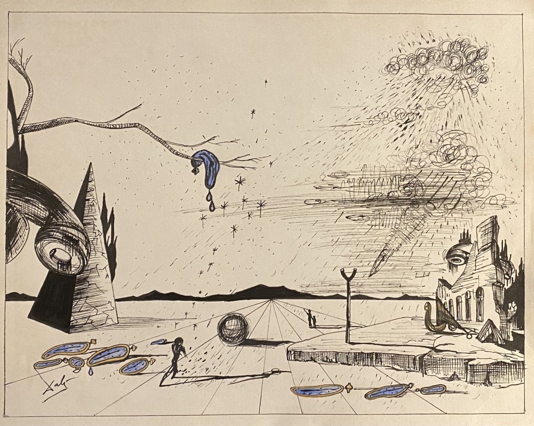 Salvador Dali (manner of): Mix media on paper, 10 1/2 x 8 1/2 in, manner of Salvador Domingo Felipe Jacinto Dalí i Domènech, Marquis of Dalí de Púbol (11 May 1904 – 23 January 1989) was a Spanish Surrealist artist renowne