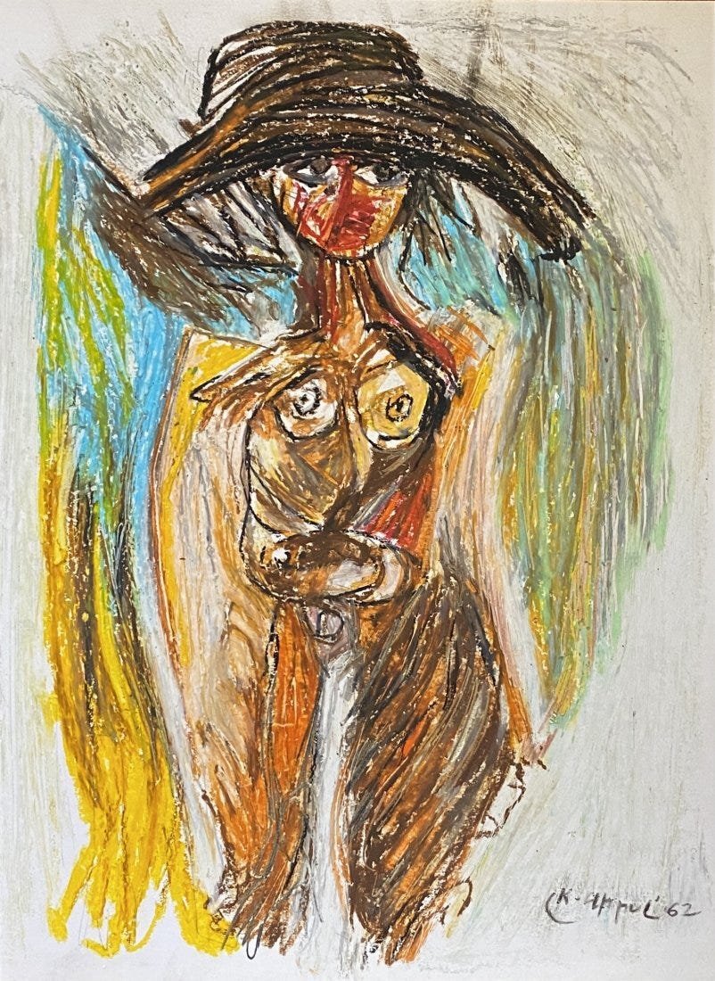 Karel Appel: Drawing on paper 12 x 9 in, manner of Christiaan Karel Appel (25 April 1921 Â– 3 May 2006) was a Dutch painter, sculptor, and poet. He started painting at the age of fourteen and studied at the Rij