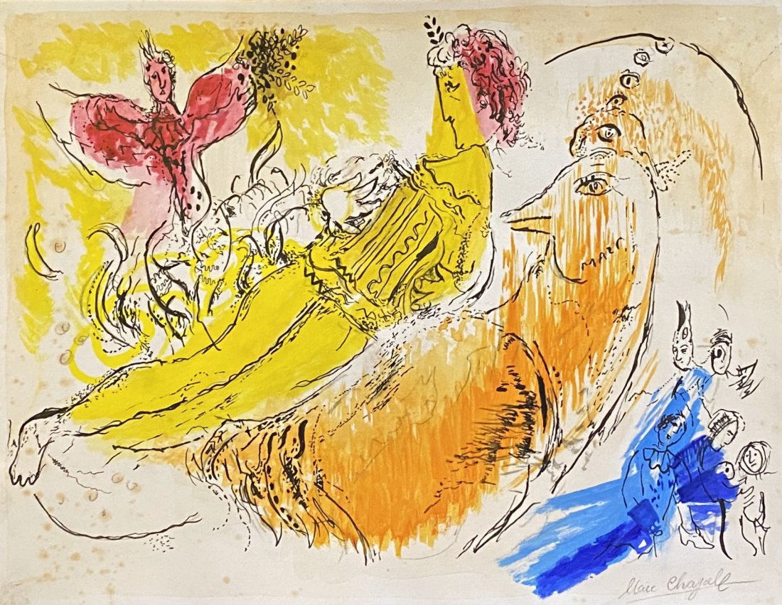 Marc Chagall: Drawing mix media on paper 10 x 7 1/2 in, manner of the artist Marc Chagall (born Moishe Shagal; 6 July [O.S. 24 June] 1887 – 28 March 1985) was a Russian-French artist of Belarusian Jewish origin.