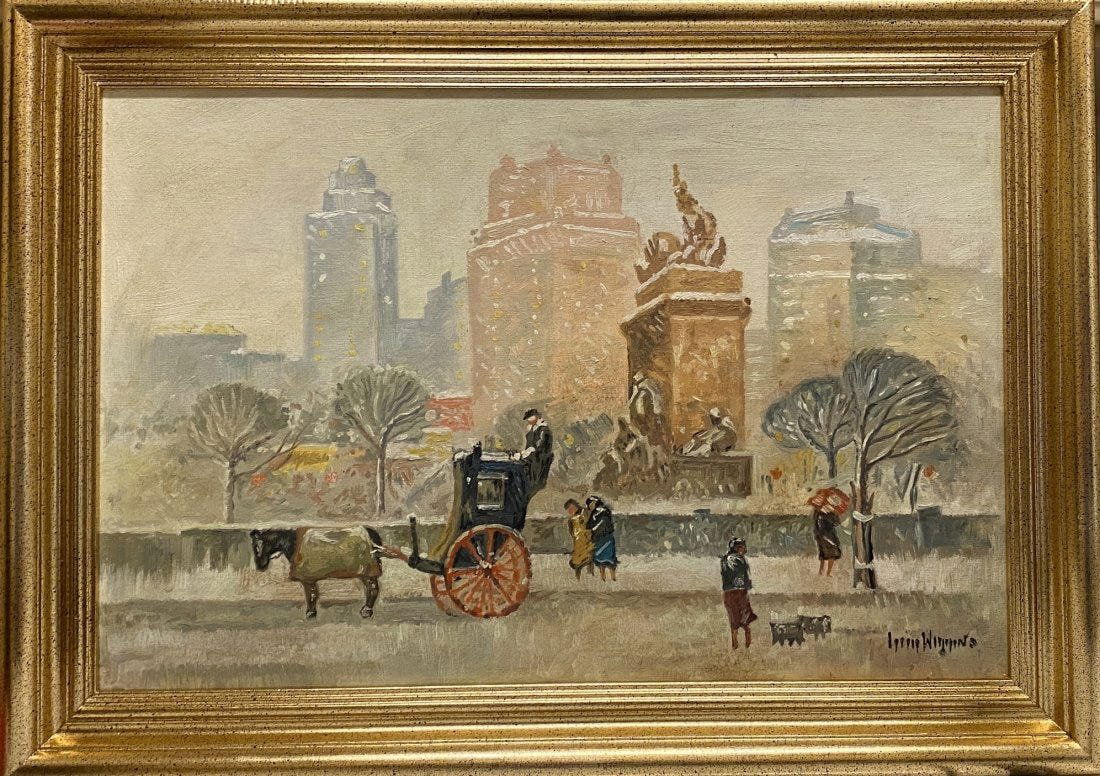 Guy C. Wiggins: Oil on canvas framed 28 x 20 in, art 23 1/2 x 16 in, Attributed or manner of Guy Carleton Wiggins NA (February 23, 1883 Â– April 25, 1962)-(this artwork carries a COA) was an American impressionist