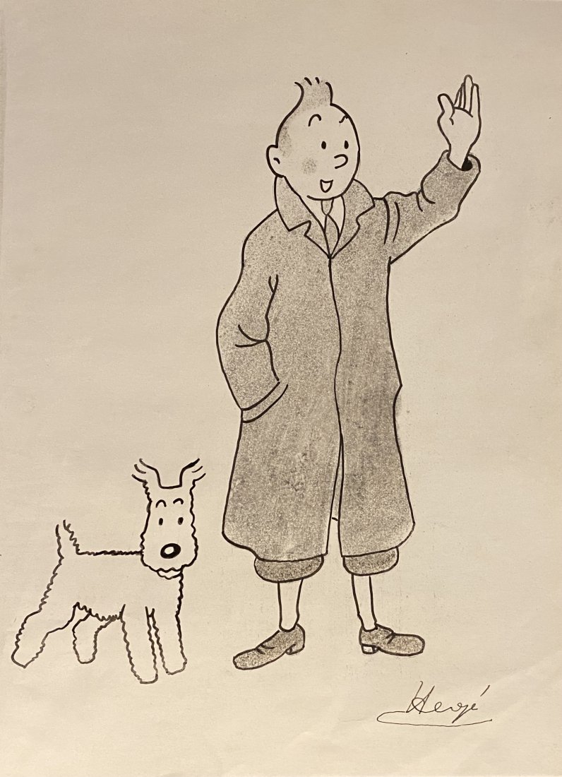 Hergé (manner of): Drawing on paper. 10 x 7 in, manner of Georges Prosper Remi (22 May 1907 – 3 March 1983), known by the pen name Herge was a Belgian cartoonist. He is best known for creating The Adventures of Tintin