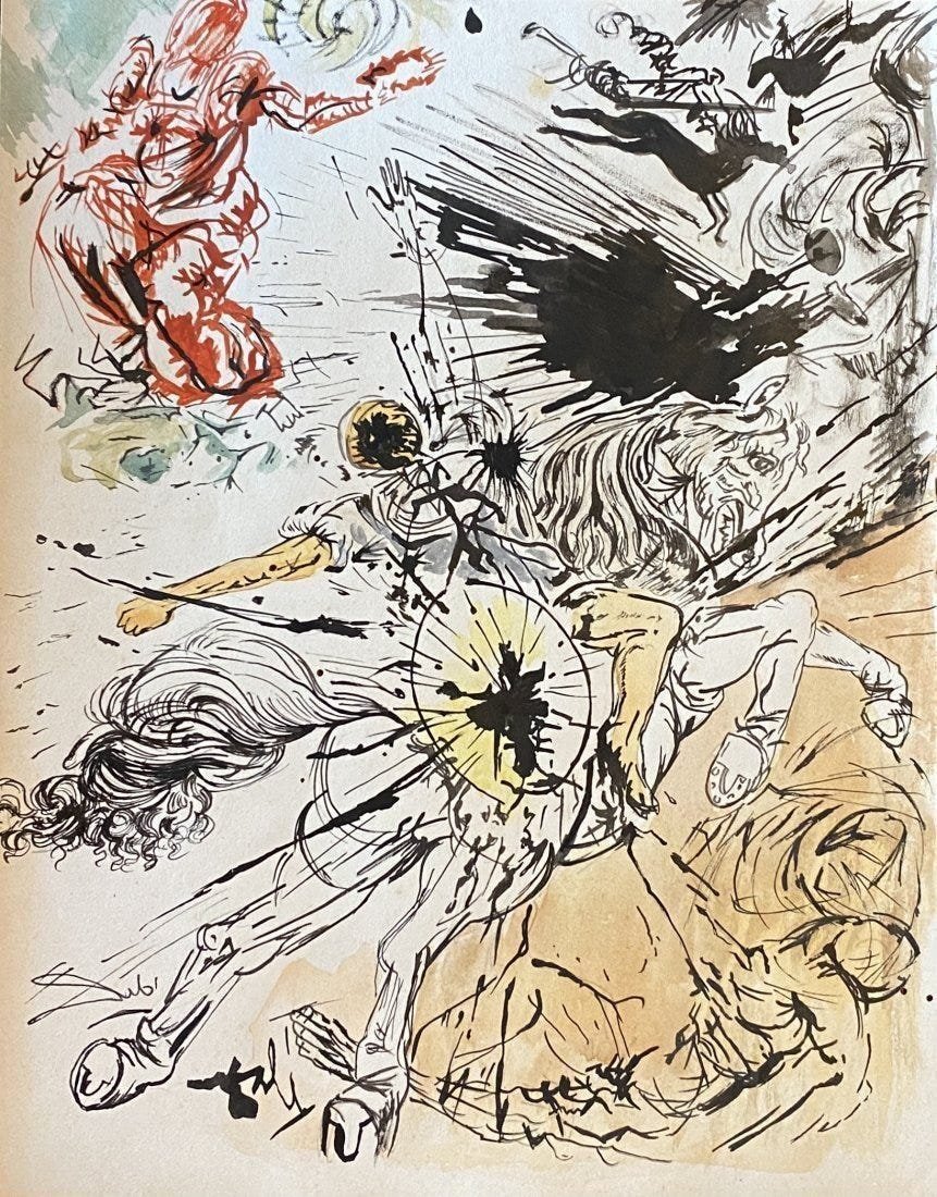 Salvador Dali (manner of): Mix media on paper, 10 1/2 x 8 1/4 in, manner of Salvador Domingo Felipe Jacinto Dalí i Domènech, Marquis of Dalí de Púbol (11 May 1904 – 23 January 1989) was a Spanish Surrealist artist renowne