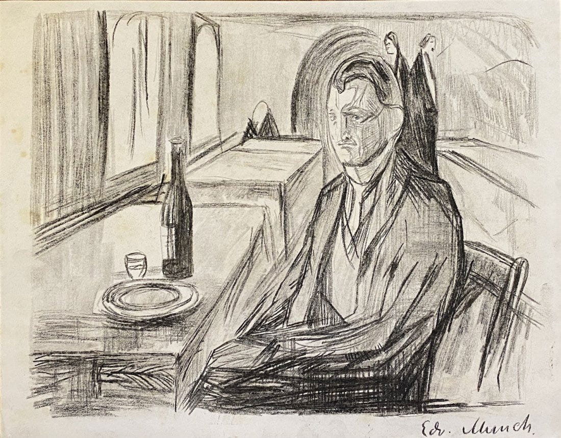 Edvard Munch: Drawing on paper 10 1/2 x 8 1/2 in, manner of Edvard Munch (Norwegian 12 December 1863 Â– 23 January 1944) was a Norwegian painter. His best known work, The Scream, has become one of the most iconi