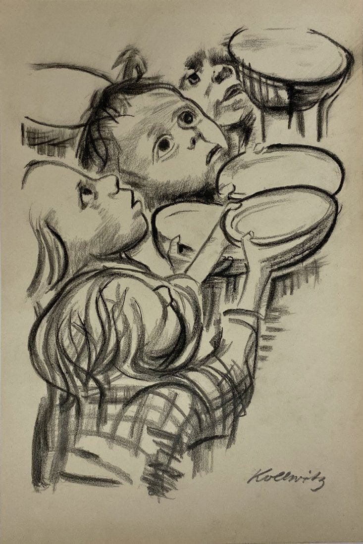 Käthe Kollwitz: Drawing on paper 10 x 7 in, manner of the artist Käthe Kollwitz, 8 July 1867 – 22 April 1945), was a German artist who worked with painting, printmaking (including etching, lithography and woodcuts