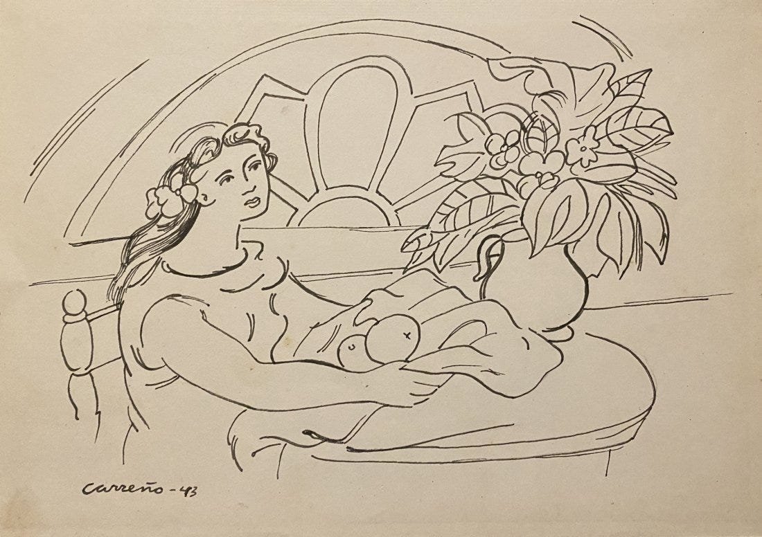 Mario Carreño: Drawing on paper 10 1/2 x 8 1/4 in, manner of the artist Mario Carreño y Morales (May 24, 1913 in Havana, Cuba – December 20, 1999 in Santiago de Chile, Chile) was a Cuban painter.He studied