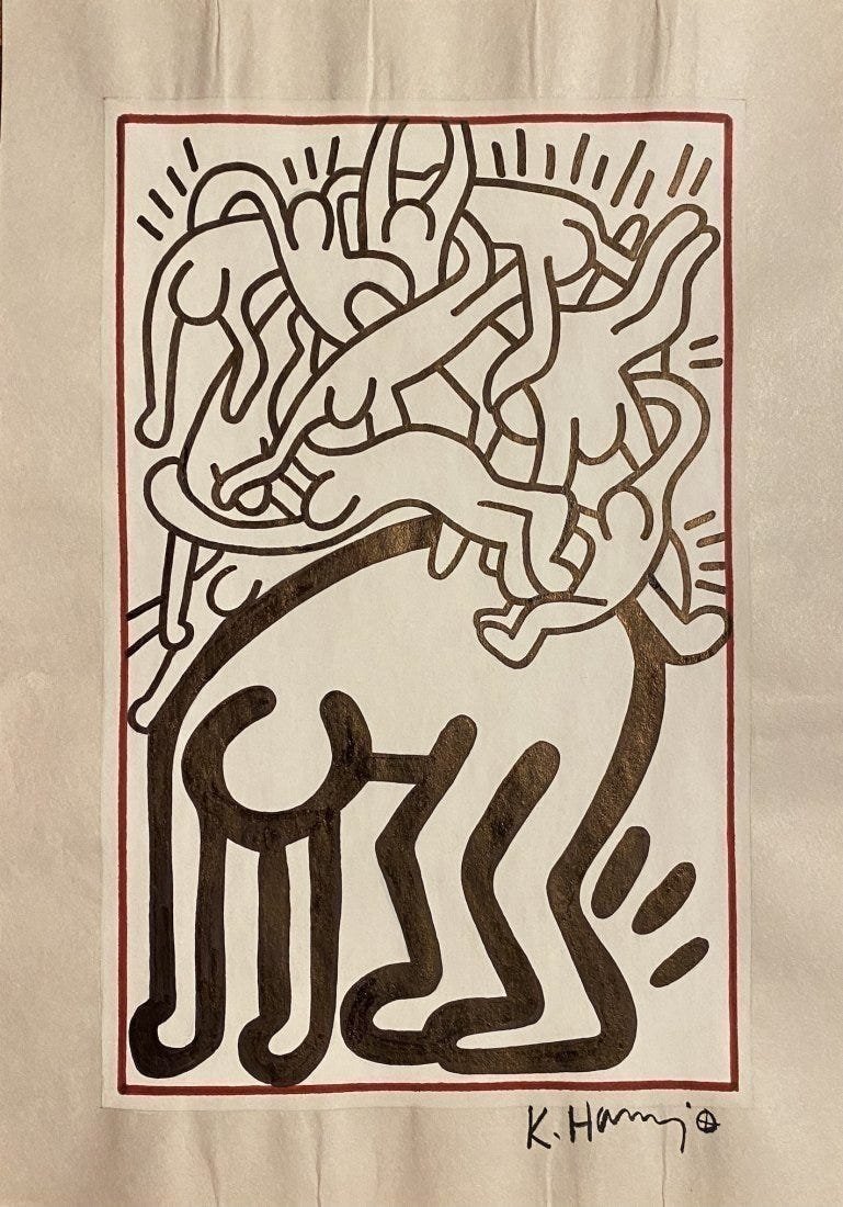 Keith Haring (manner of): Mix media on paper 11 1/2 x 8 in, manner of the artist Keith Allen Haring (May 4, 1958 Â– February 16, 1990) was an American artist whose pop art and graffiti-like work grew out of the New Y