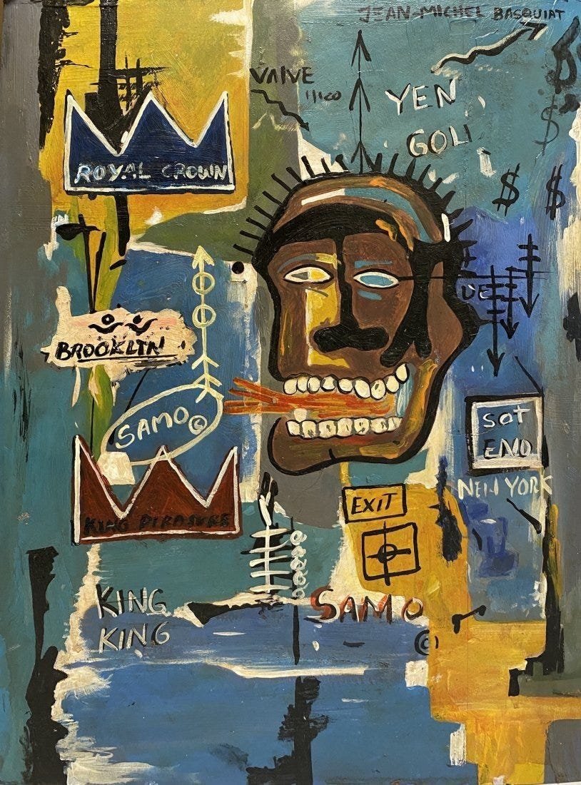 Jean-Michel Basquiat (manner of): Oil on board 17 x 13 in, manner of Jean-Michel Basquiat (December 22, 1960 Â– August 12, 1988) was an American artist of Haitian and Puerto Rican descent. Basquiat first achieved fame as par