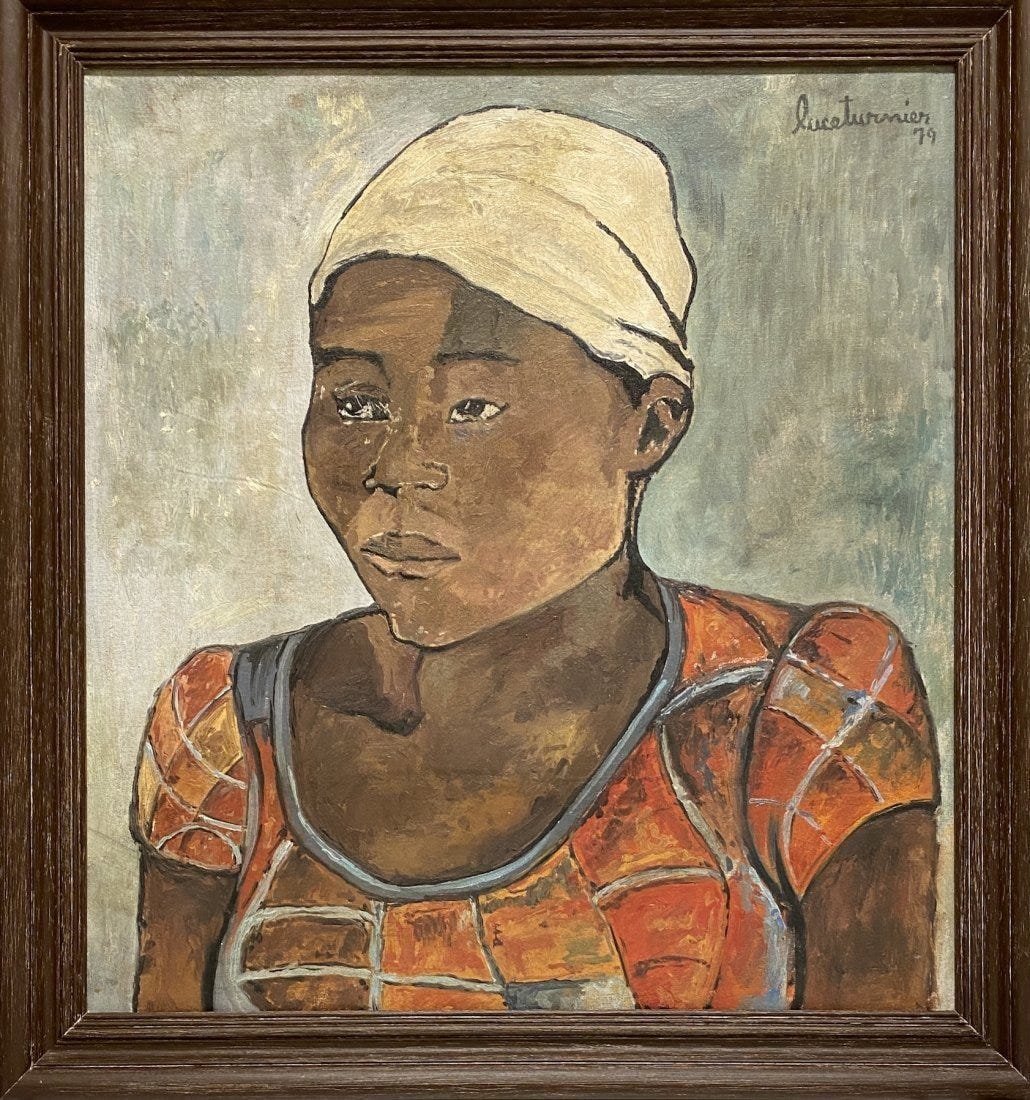 Luce Turnier: Oil on canvas framed 29 1/2 x 27 1/2 in, art 26 x 23 in, manner of Luce Turnier (February 24, 1924 – 1994) was a Haitian painter and collage artist. One of Haiti's leading artists, Turnier achiev
