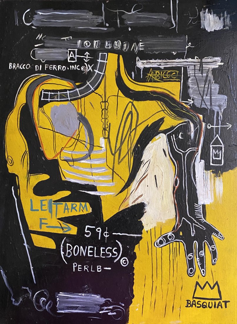 Jean-Michel Basquiat (manner of): Oil on board 17 1/4 x 13 in, manner of Jean-Michel Basquiat (December 22, 1960 Â– August 12, 1988) was an American artist of Haitian and Puerto Rican descent. Basquiat first achieved fame as part o