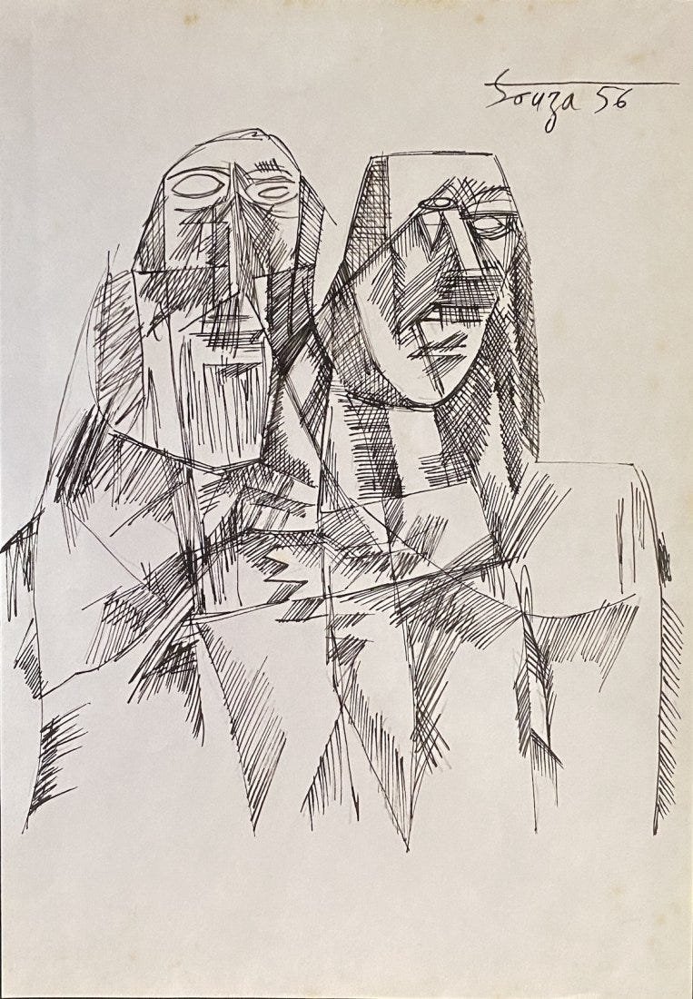 Francis Newton Souza: Drawing on paper 11 x 7 1/2 in, manner of Francis Newton Souza was born to Roman Catholic parents of Goan origin in the village of Saligao, Goa. In 1929, after he had moved to Mumbai with his widowed 